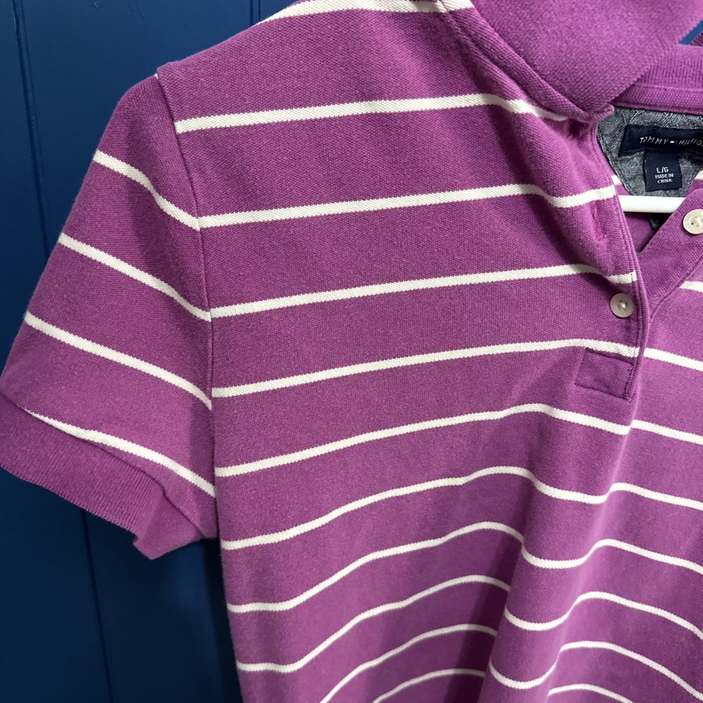 Tommy Hilfiger Women's Purple Striped Polo L - Picture 2 of 8